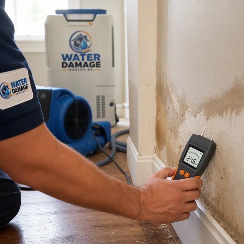 Technician checking water-damaged baseboard and drywall with a moisture meter while drying equipment runs