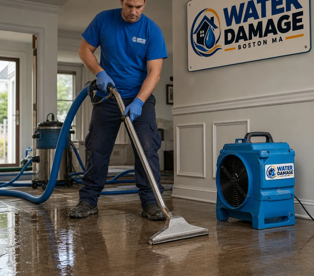 Technician extracting standing water from a Boston home with wet vacuums and air movers staged nearby