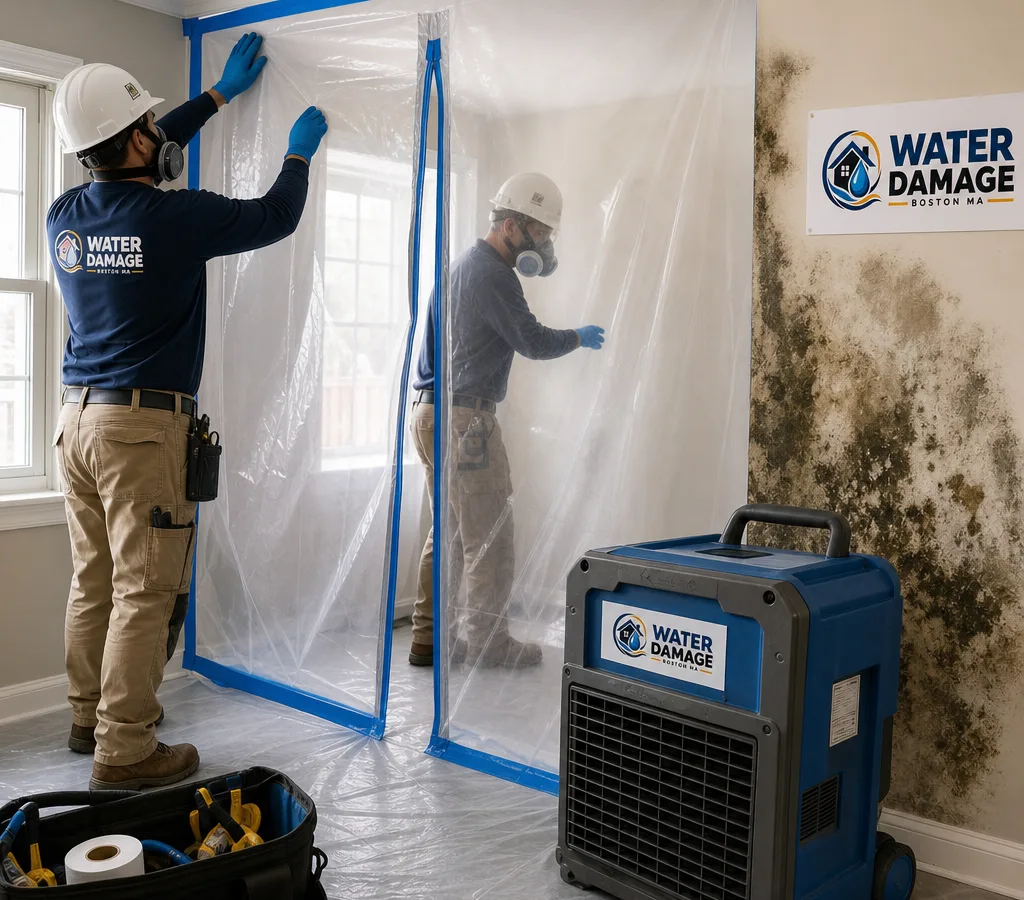 Technicians in PPE setting up plastic containment and a HEPA air scrubber in a Boston residential room with mold staining on drywall