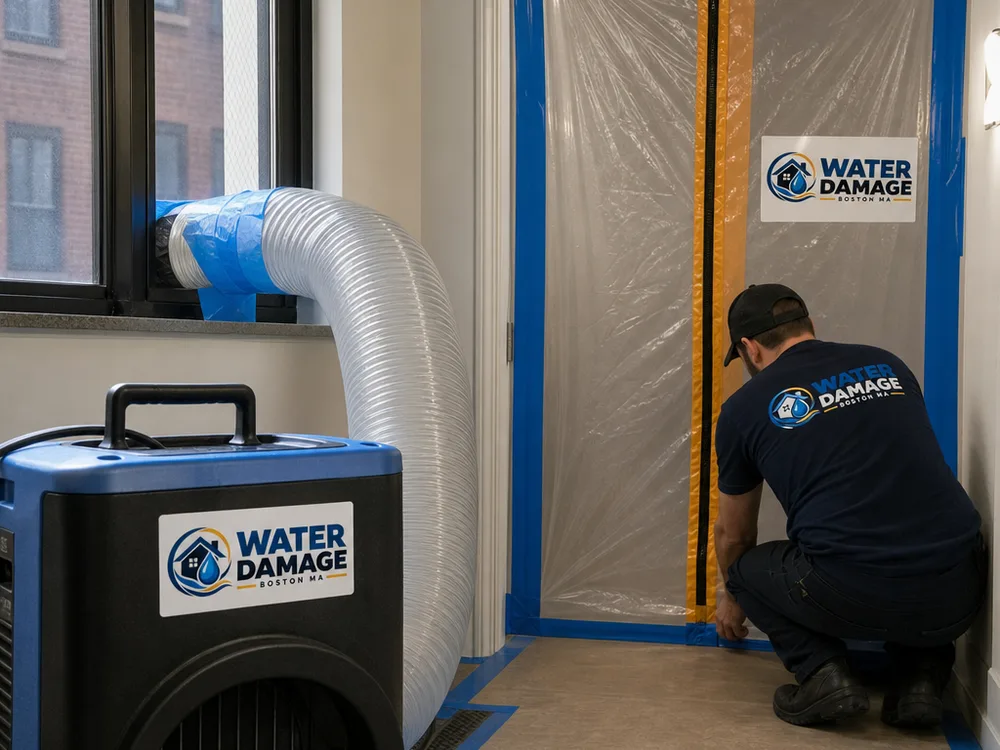 Negative air machine ducted through a window beside a taped plastic containment doorway in a Boston condo