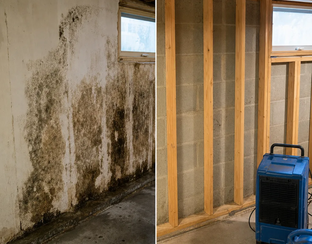 Basement wall before and after controlled drywall removal, with clean framing and a dehumidifier staged for drying