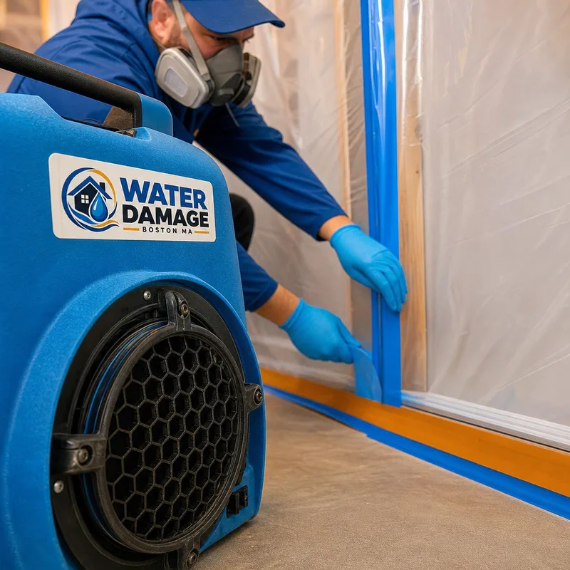 HEPA air scrubber intake beside sealed poly containment seams during mold remediation