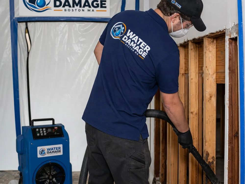 Contained mold remediation area with a zipper door, HEPA air scrubber, and technician vacuuming exposed framing