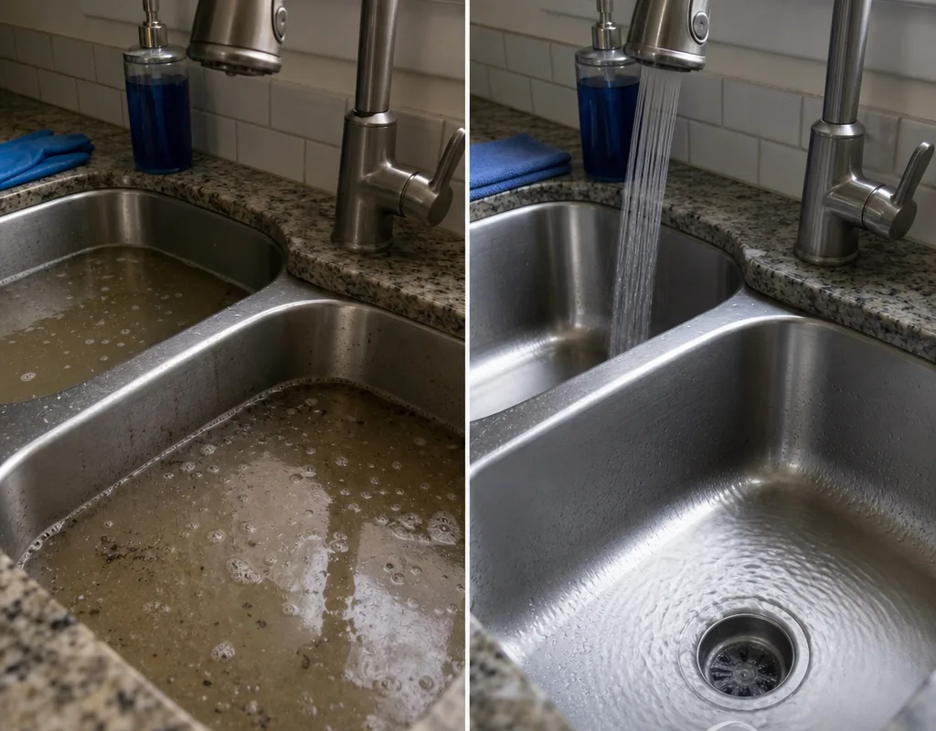 Before-and-after view showing a slow sink with standing water and the same sink draining clearly after cleaning and flushing