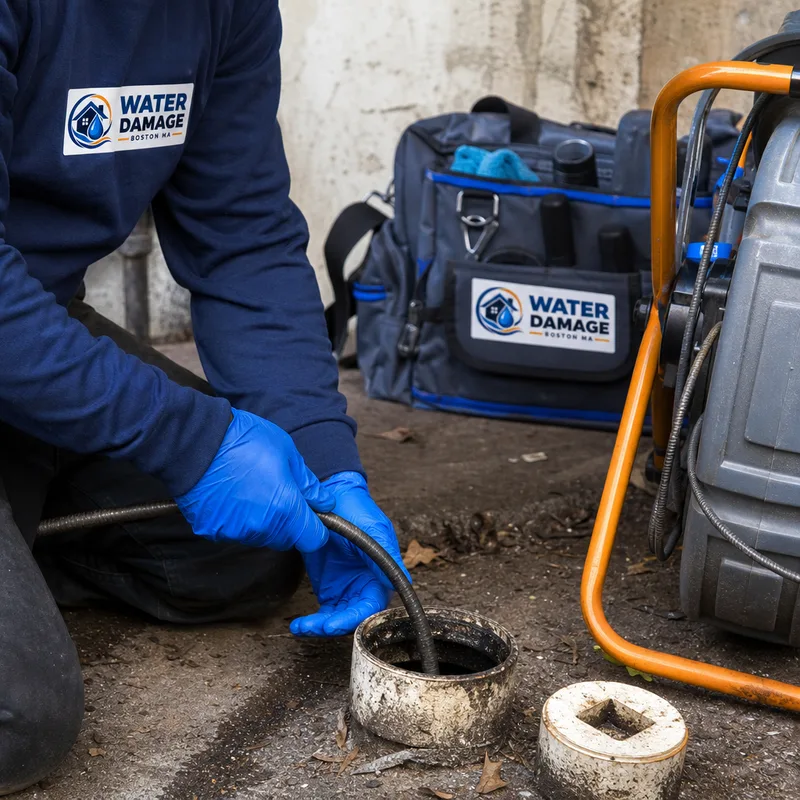 Drain cable feeding into an open main-line cleanout in a controlled work area with proper protective equipment