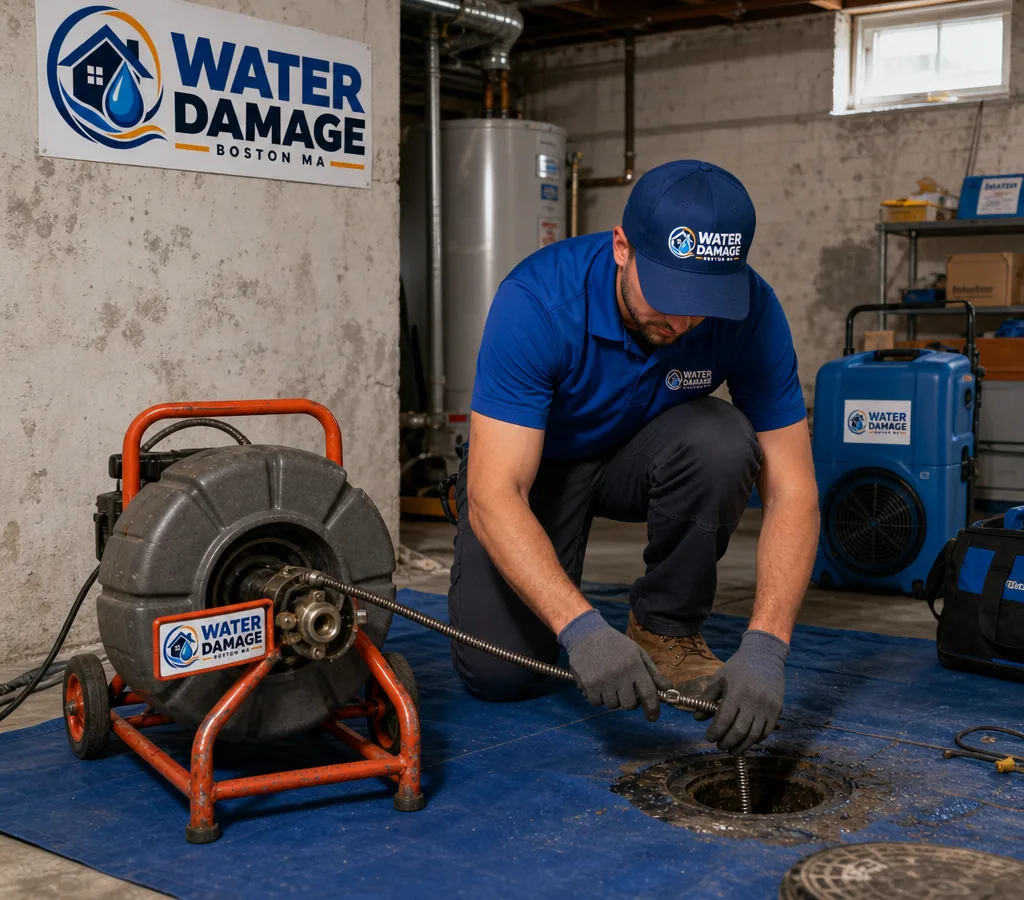 Technician working at a main drain cleanout with a professional drain cable machine in a Boston residential basement