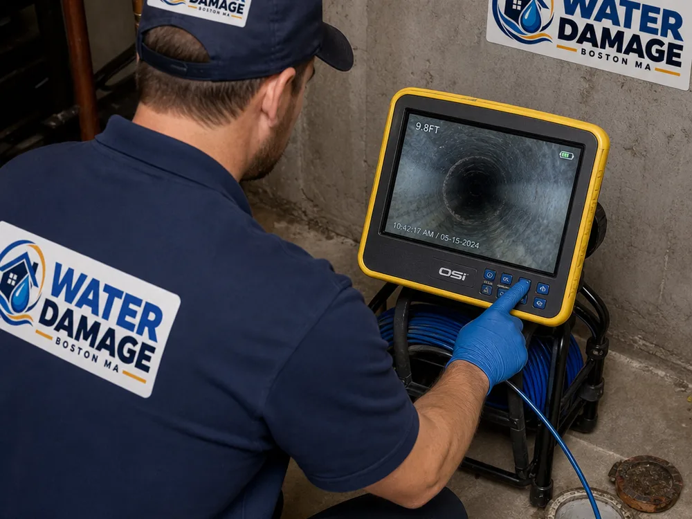 Drain camera monitor displaying the inside of a residential drain while its cable feeds into a Boston basement cleanout