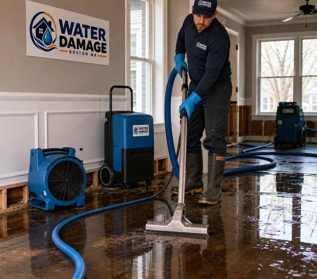 Technician extracting standing water from a Boston residential room with drying equipment staged