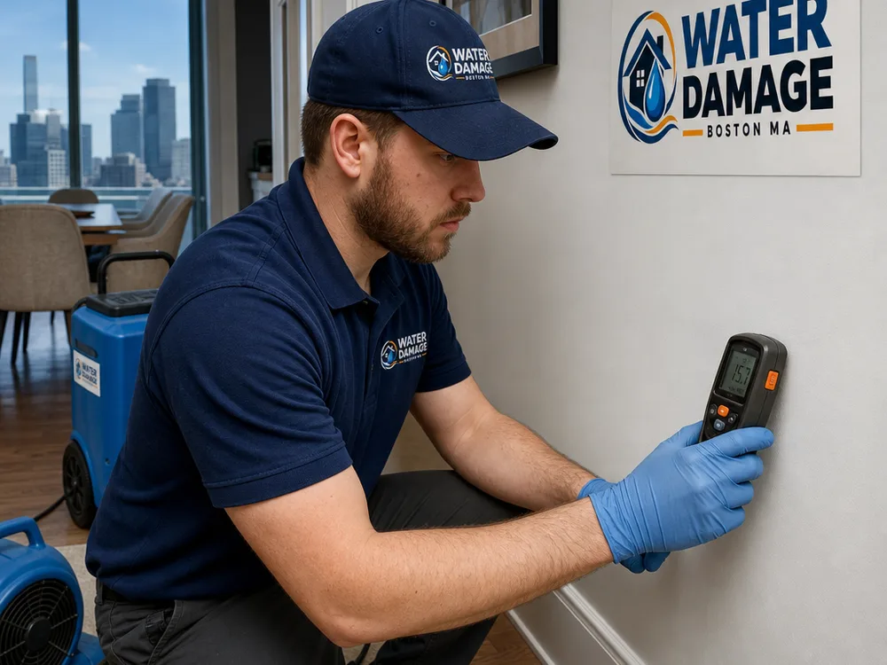 Moisture meter checking drywall and trim in a Boston condo while drying equipment runs
