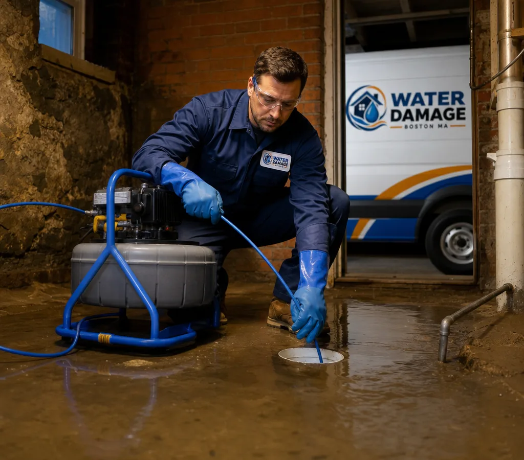 Technician setting up drain-clearing equipment beside a flooded basement floor drain in a Boston brownstone