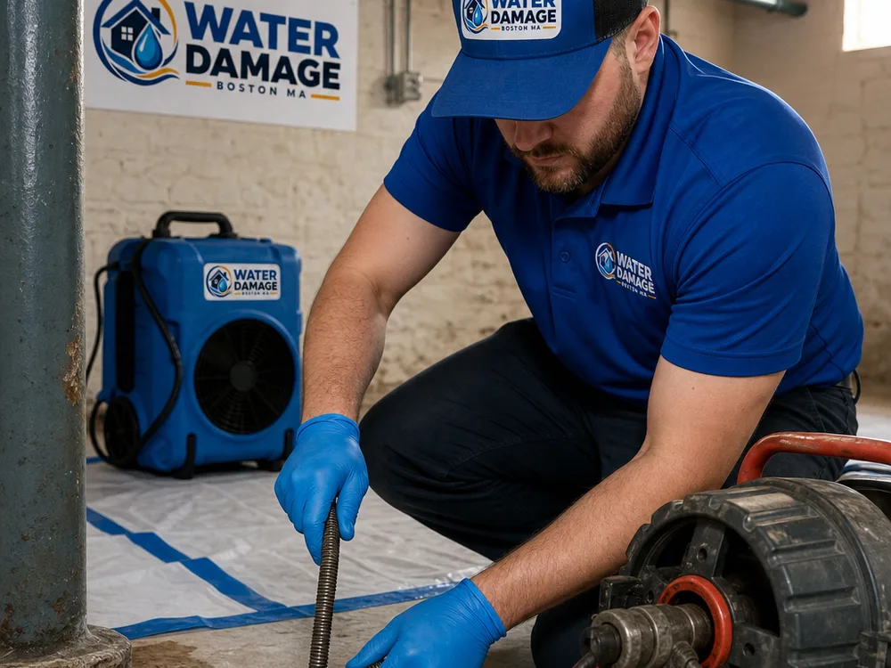Drain-clearing hose entering a basement cleanout with water extraction equipment staged nearby