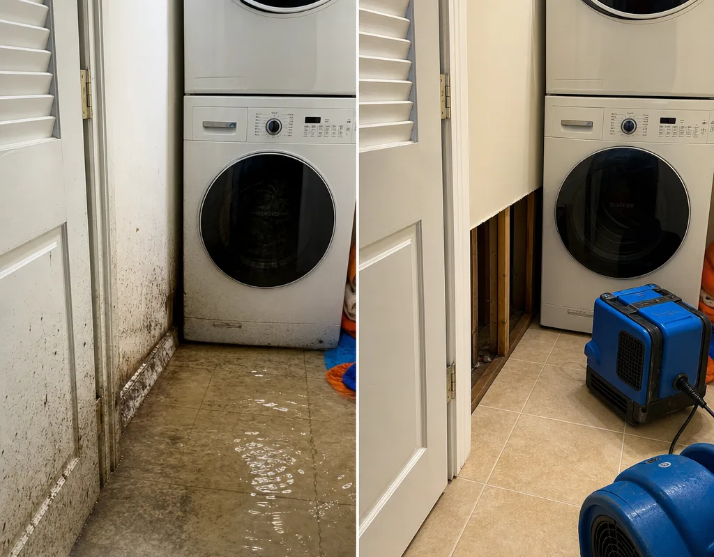 Before and after view of a flooded condo laundry closet with water removed and the wall cavity opened for drying