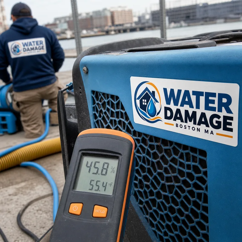 Commercial dehumidifier with a digital hygrometer on a Boston waterfront restoration job