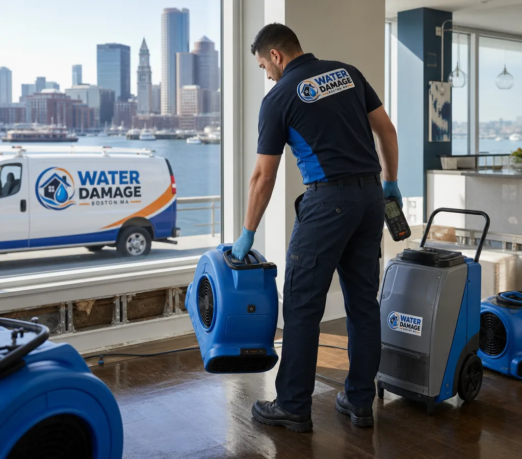 Technician setting up air movers and a dehumidifier in a Boston waterfront condo while checking moisture levels