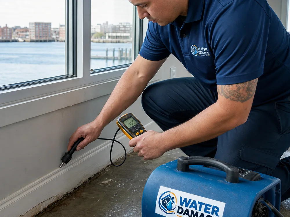 Technician taking moisture readings on baseboards and drywall beside a harborfront window with an air mover in place