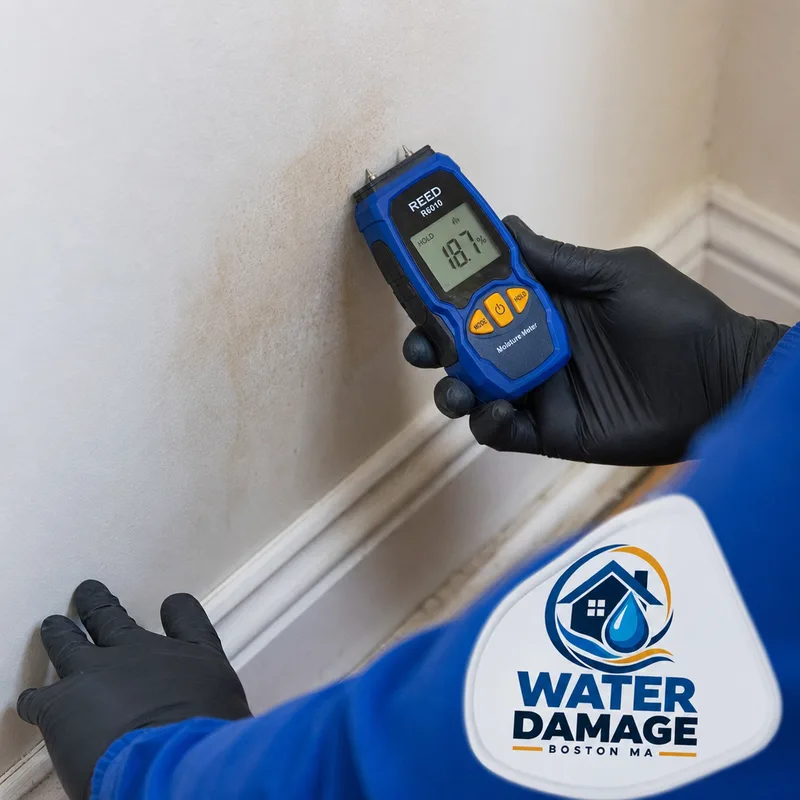Inspector taking a moisture-meter reading on stained drywall near a baseboard