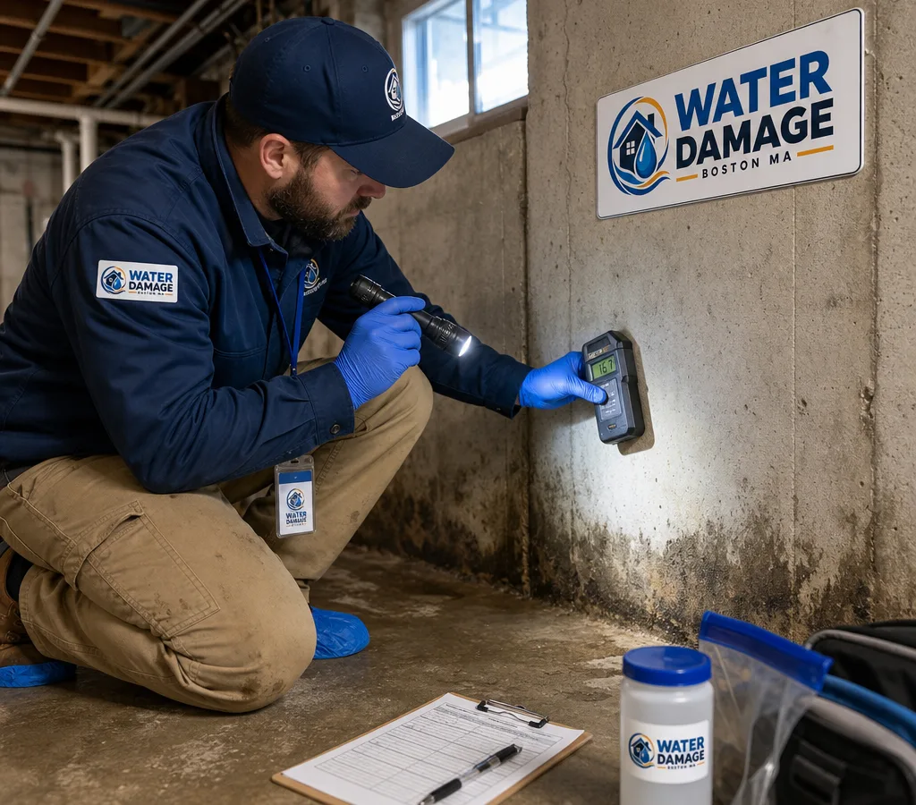 Inspector in protective equipment examining a Boston-area basement with a flashlight, moisture meter, sampling supplies, and clipboard