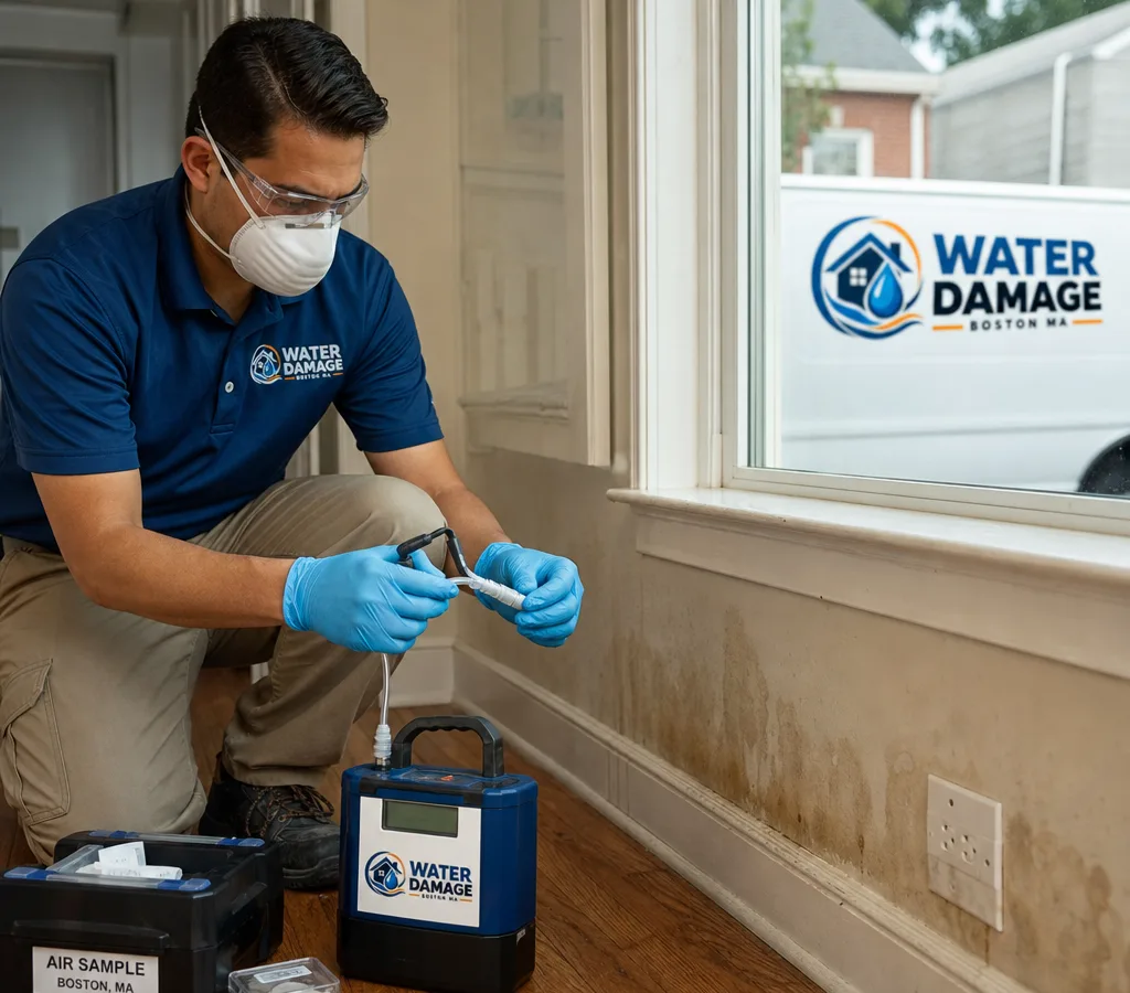 Certified inspector collecting an air sample in a Boston-area home with a sampling pump and cassette