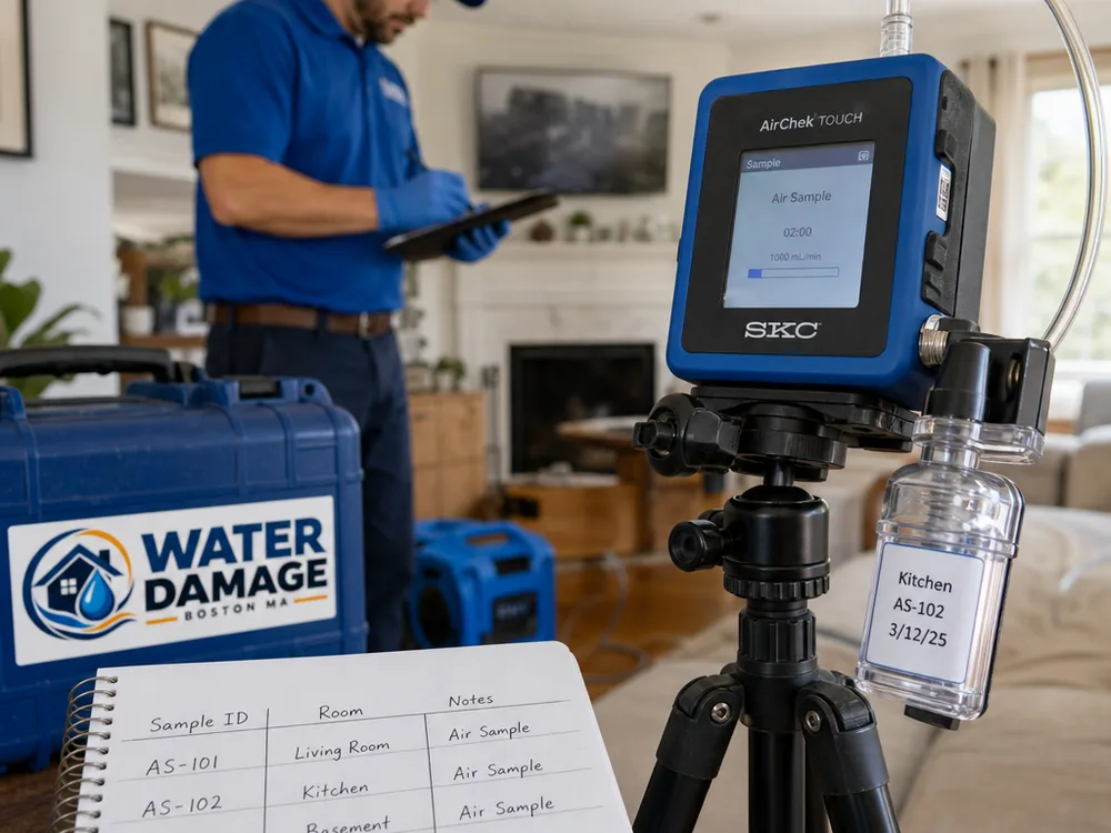 Air sampling pump on a tripod with a labeled sample cassette and room-by-room inspection notes