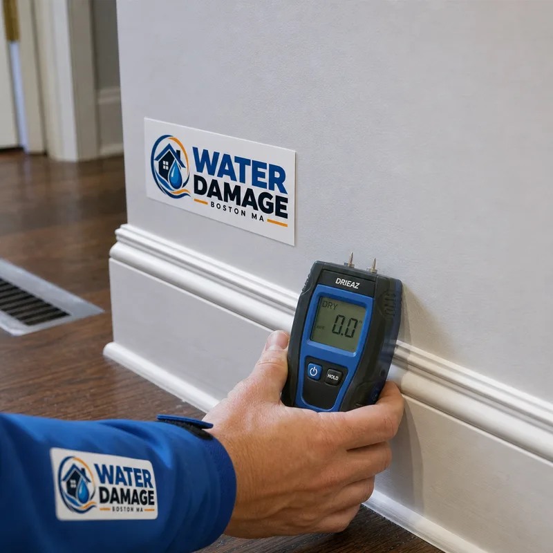 Restored wall and baseboard with finished paint and a moisture meter confirming dry conditions