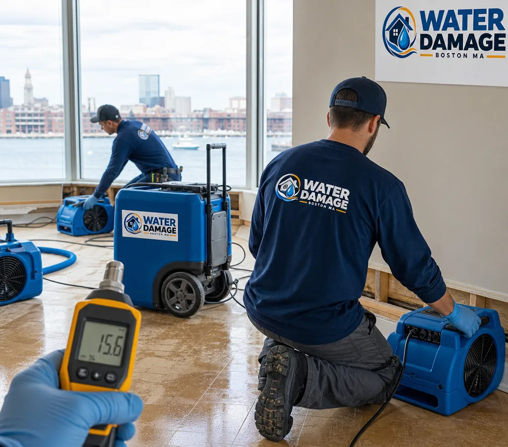 Technicians staging drying equipment and measuring moisture inside a Boston waterfront property