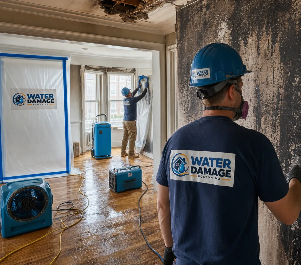 Technicians in protective gear working inside a Boston property after a combined fire and water event, with drying equipment and containment in place