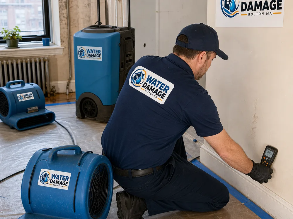 Air movers and a dehumidifier drying a protected Boston apartment while a technician checks materials with a moisture meter