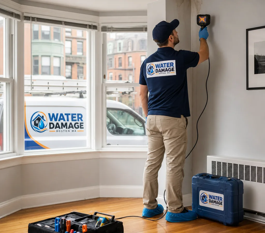 Technician using professional leak detection equipment near a suspect wall and ceiling area inside a Boston home