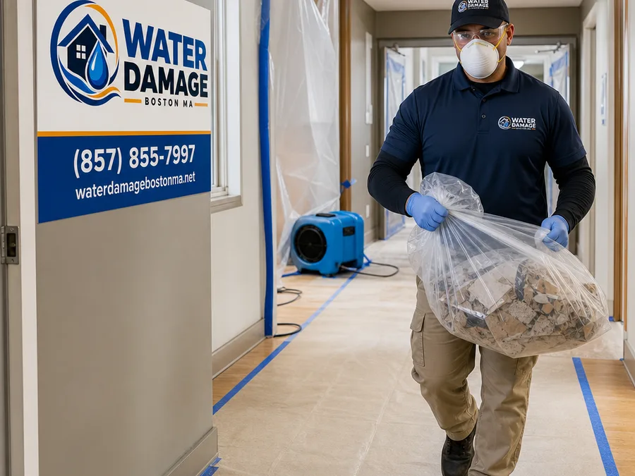 Technician in protective equipment carrying bagged debris along a protected pathway in a multi-family hallway