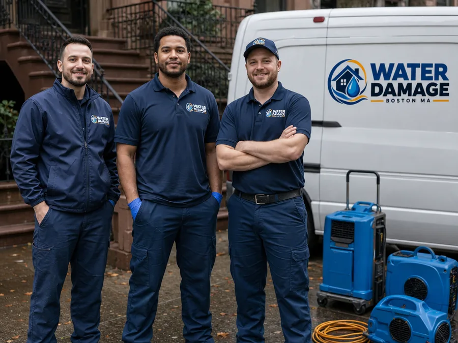 Water damage restoration crew with drying equipment outside a Boston brownstone